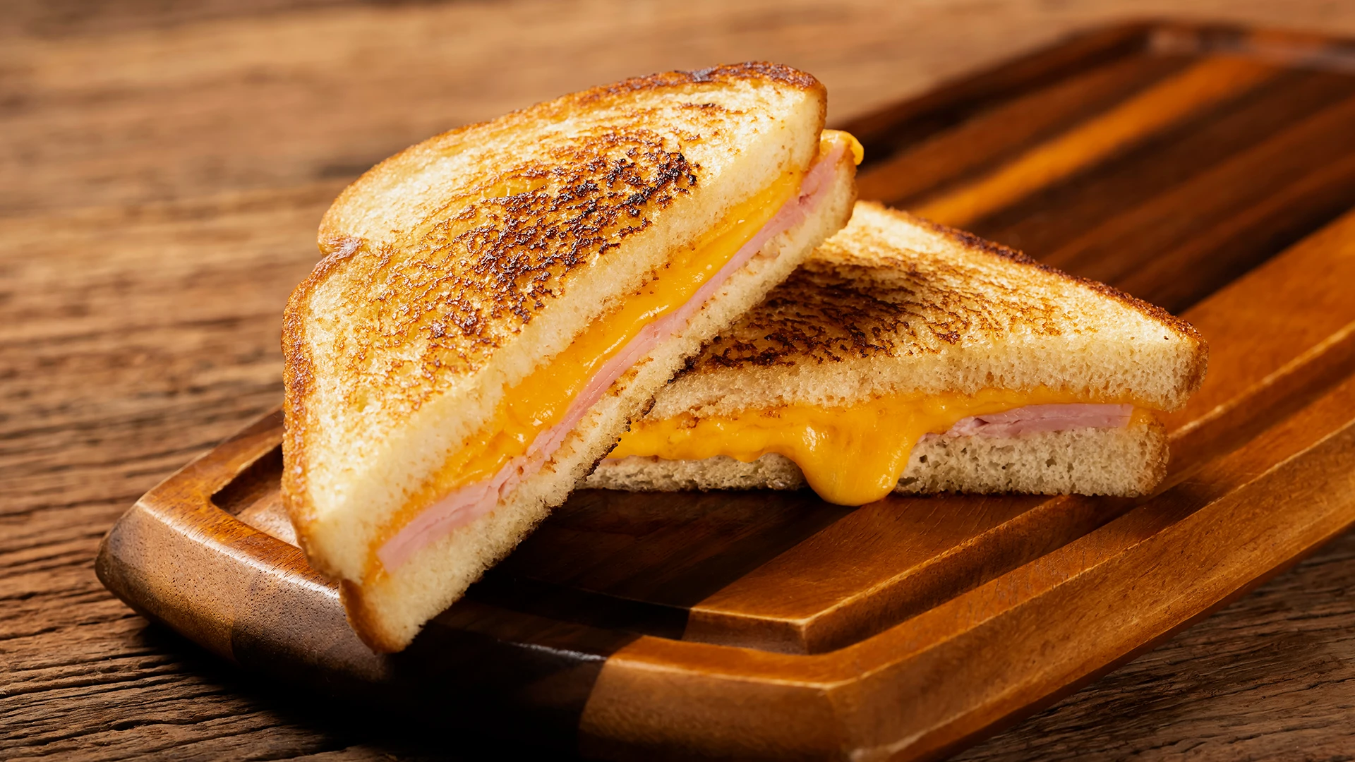 Two halves of a toasted sandwich using Hovis Soft White Thick Bread, cut open to reveal yellow molten cheese and ham, placed on a wooden board.