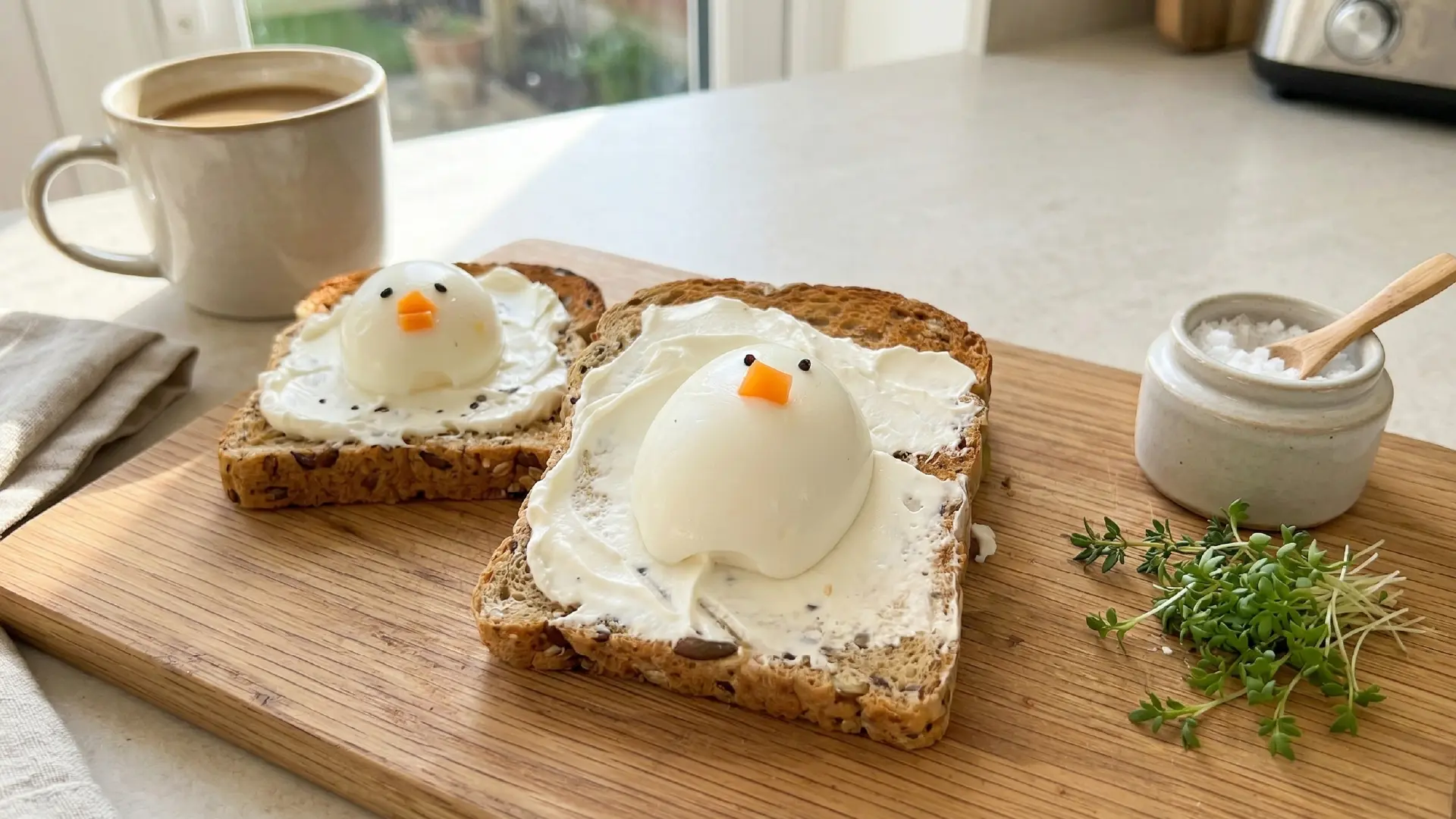 Two slices of cream cheese toast topped with eggs decorated as chicks with carrot beaks and seed eyes on a wooden board.