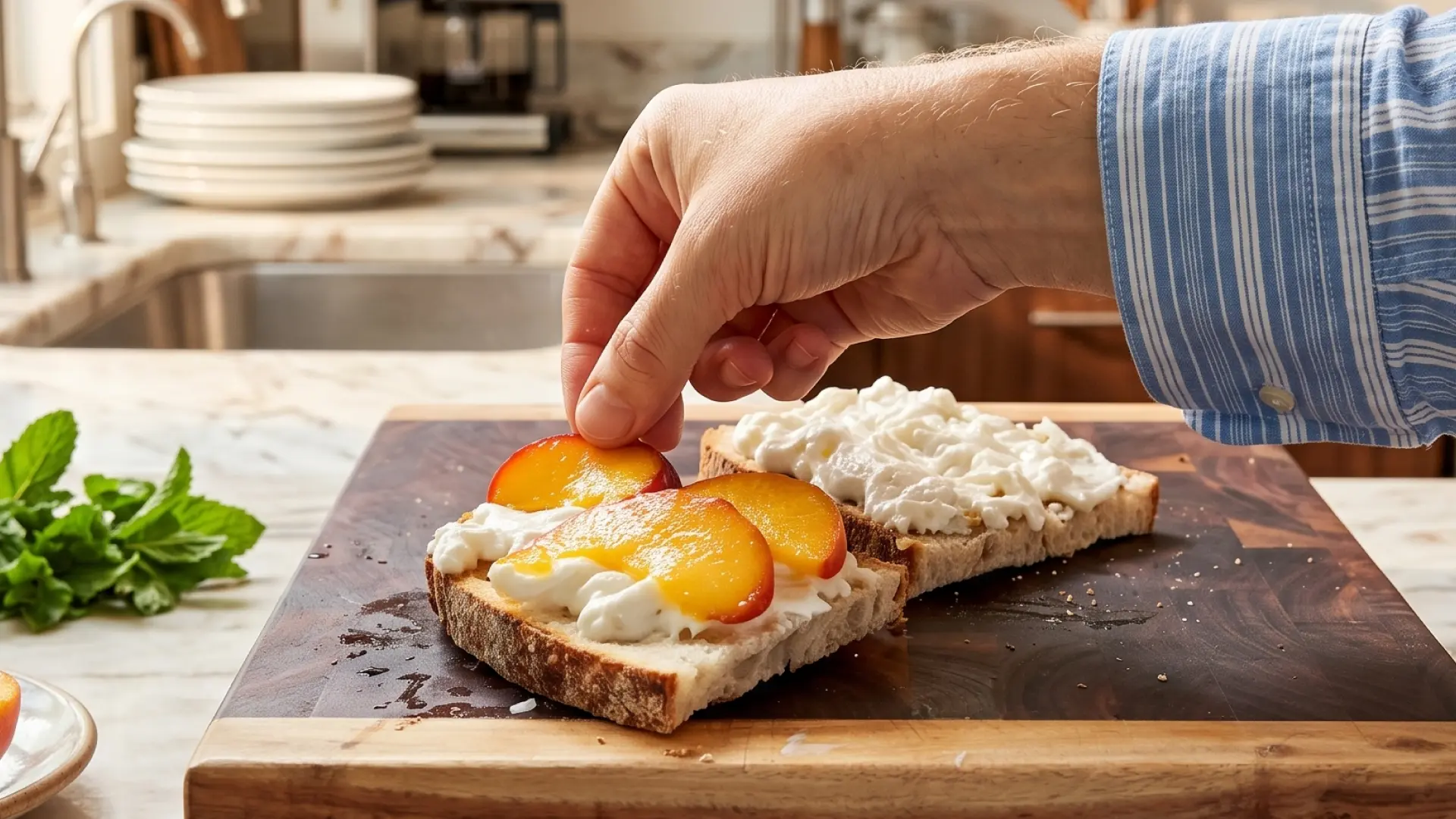 A person's hand placing fresh peach slices onto toast spread with white cheese, on a wooden cutting board in a kitchen.