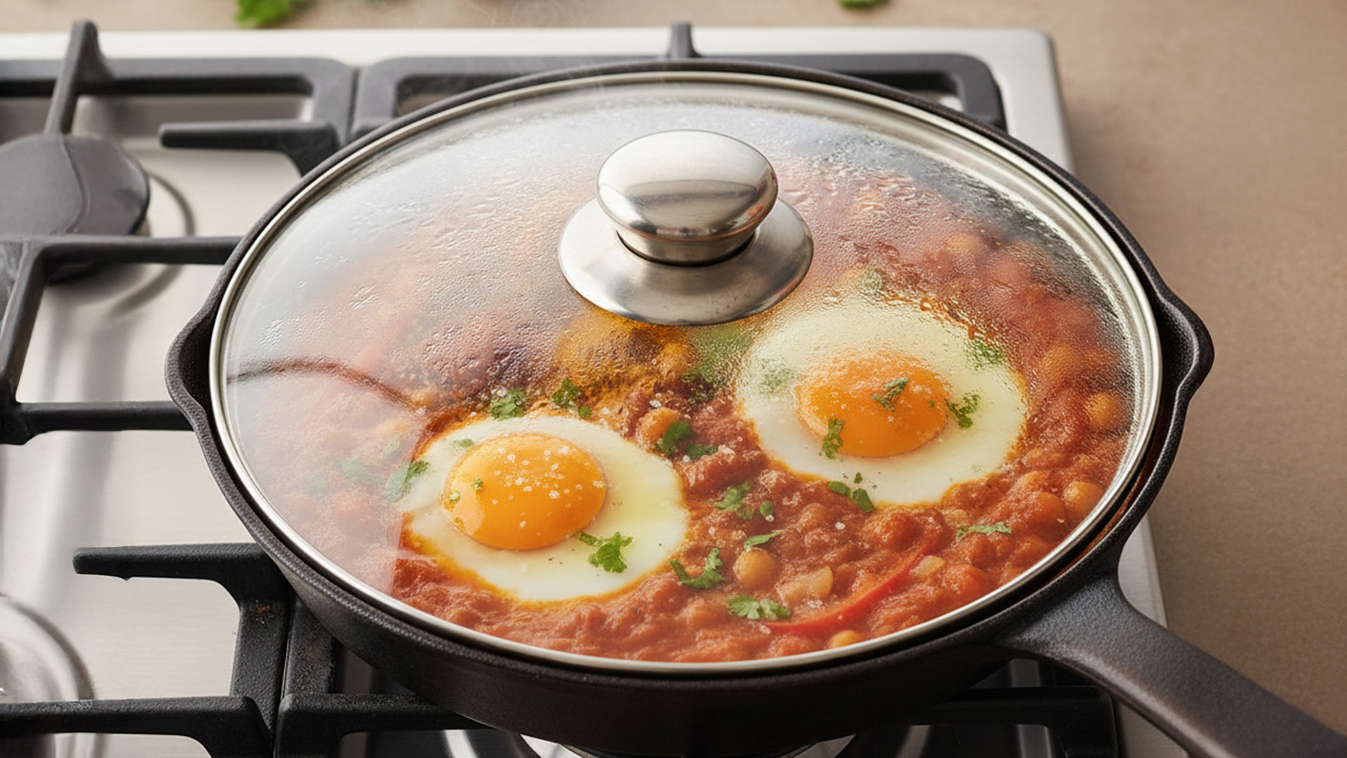 A close up shot of two cracked eggs simmering over shakshuka sauce underneath the lid of a frying pan 