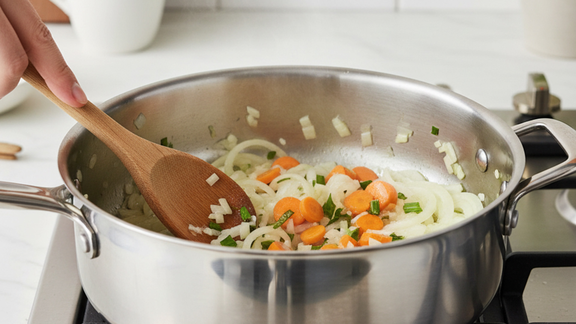Onions, garlic, carrot pieces and basil being stirred whilst cooking in a fry pan
