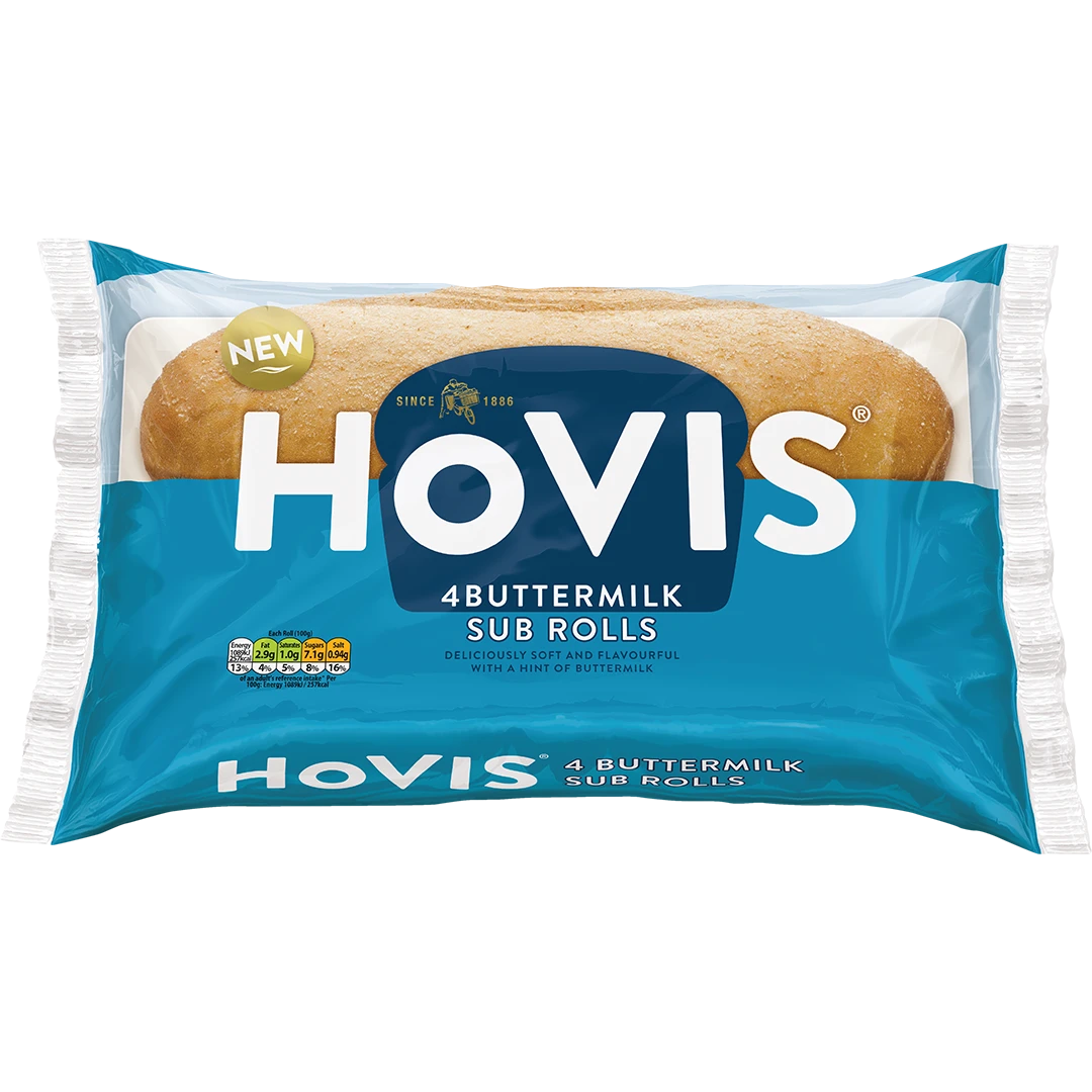 A blue pack with Hovis on reads '4 Buttermilk Rolls' with 4 soft rolls inside.
