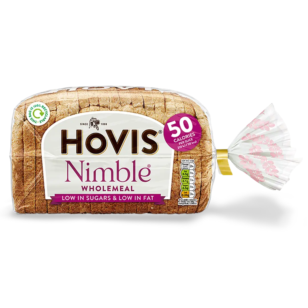 Hovis Nimble Wholemeal bread with a subtle shadow under it. The packaging is transparent, decorated with pink wheats, and a magenta label that reads '50 Calories per Slice'