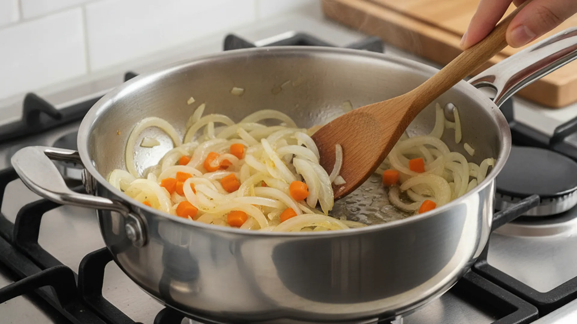 Onion and carrot chunks being stirred while frying on a frying pan with oil