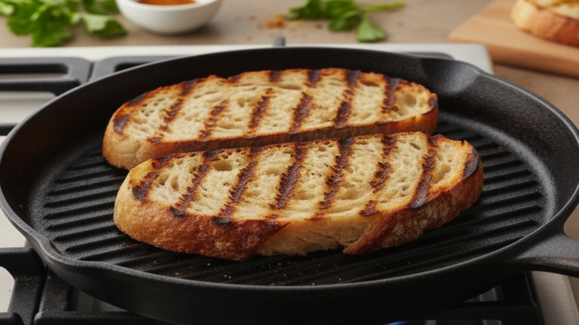 A close of shot of two slices of white sourdough grilling on a a  pan