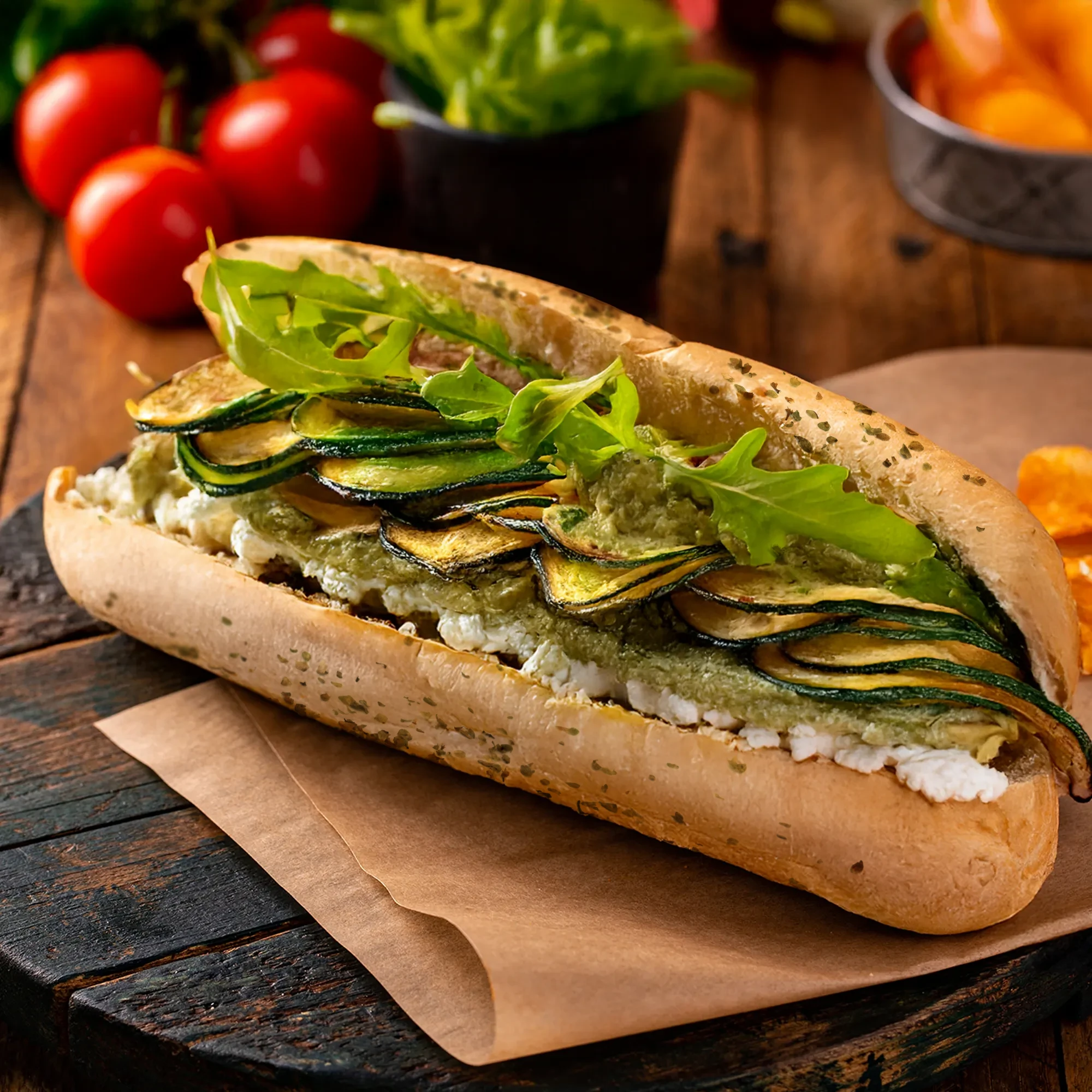 A full Goats Cheese and Courgette Sub Roll rests on a wooden chopping board with rocket, pesto and courgette peeking out. 
