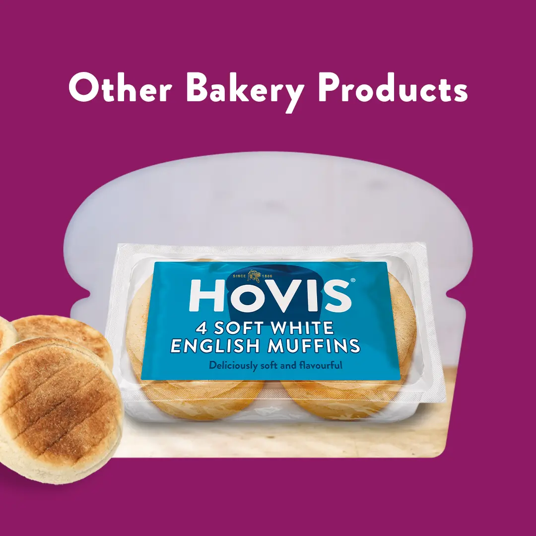 The text reads: Other Bakery Products. A Hovis English muffin image sits in a pink background and cropped into a loaf shape