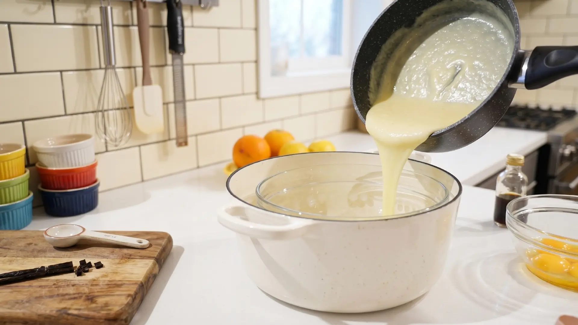 A smooth, pale yellow mixture is poured from a black saucepan into a glass bowl nestled inside a larger white pot.