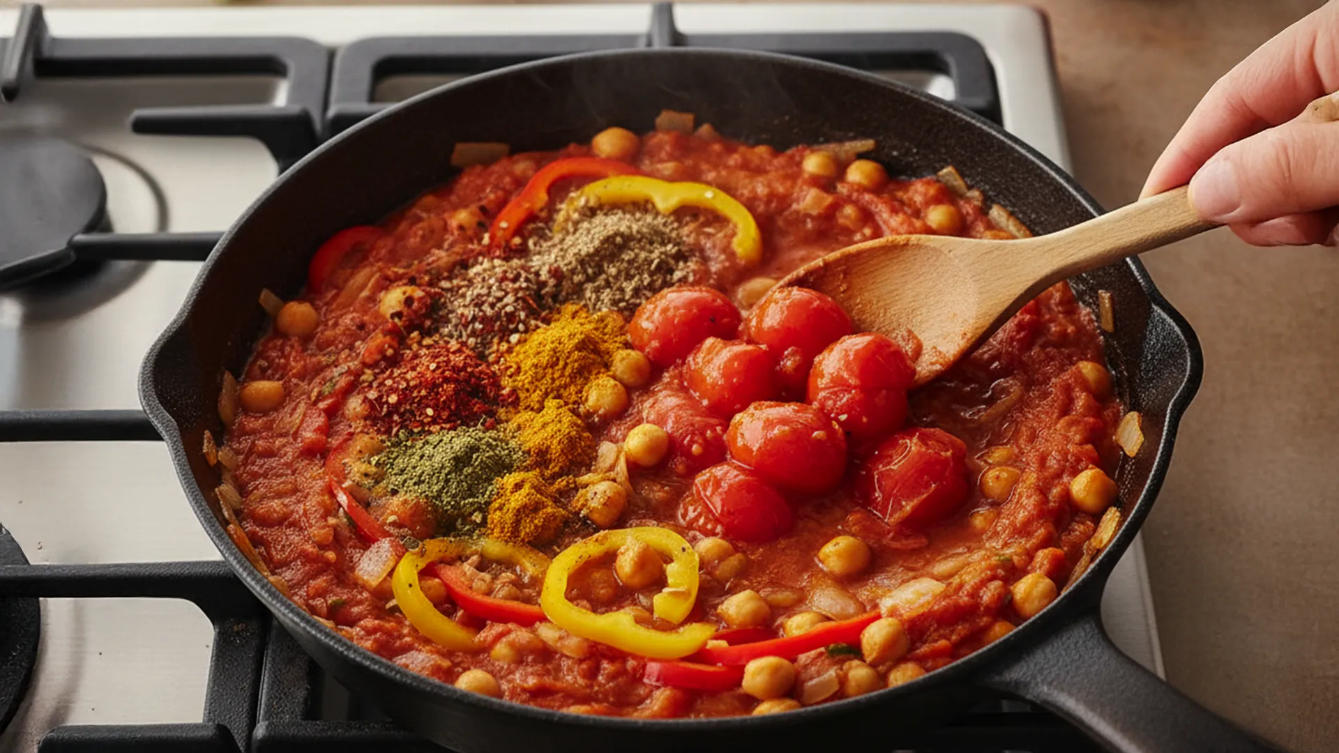 A close up shot of Onions, Garlic, Chickpeas, Tomatoes and Spices Cooking in a Frying Pan 