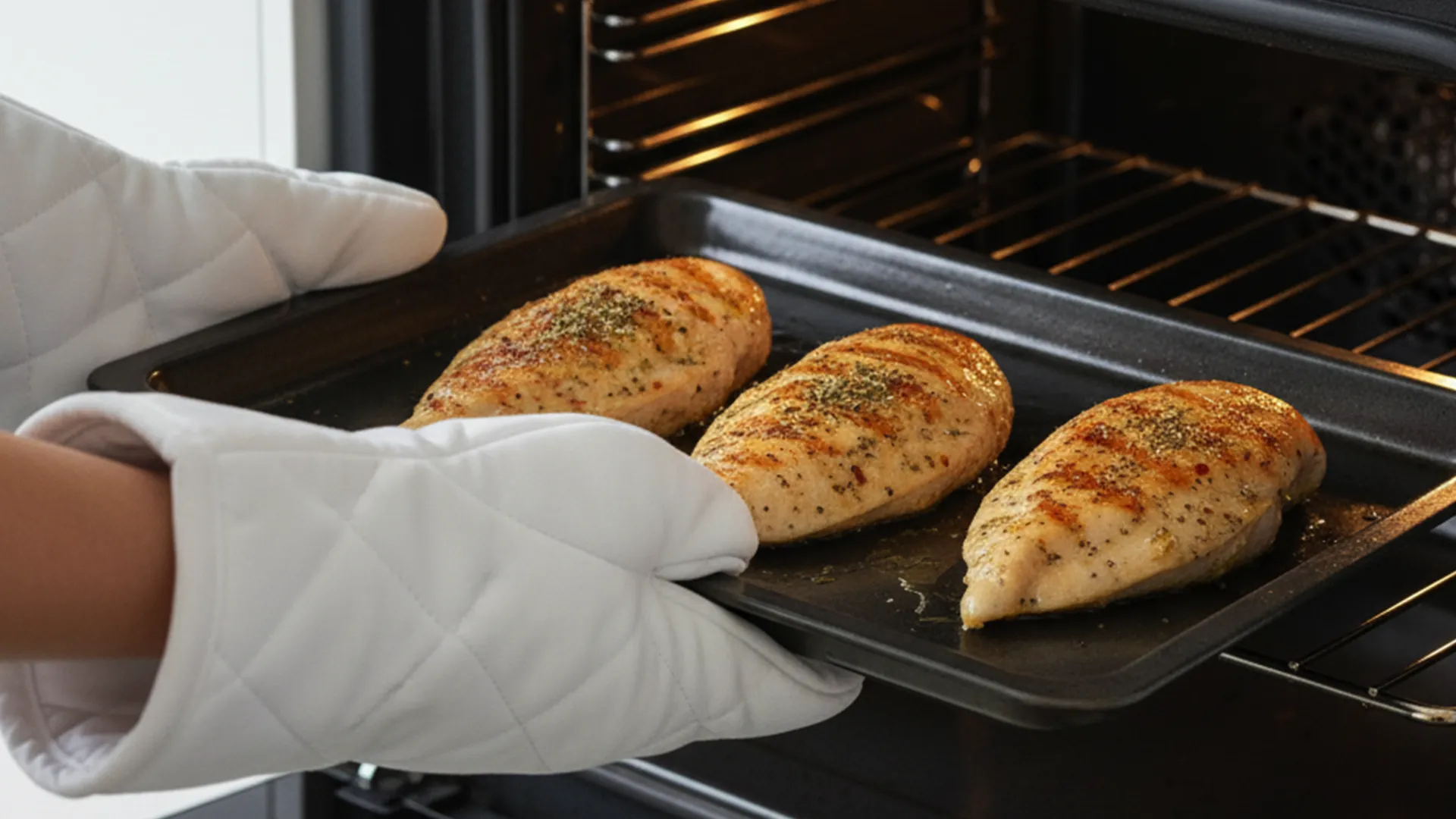 Slabs of golden brown chicken slabs being transferred to the oven to finalise cooking 