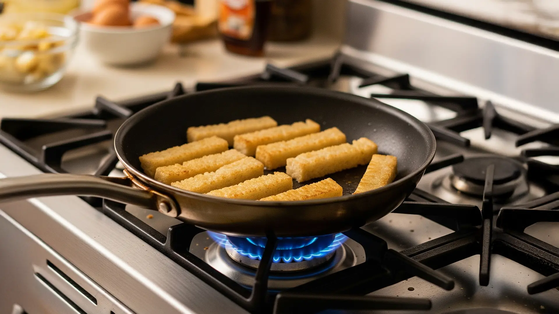 Golden brown bread sticks are getting toasted in a shallow frying pan on a hob, in the background a bright and modern kitchen setting.