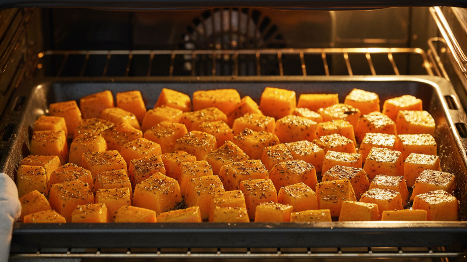 seasoned squash cubes on being put into an oven on an oven tray for roasting.