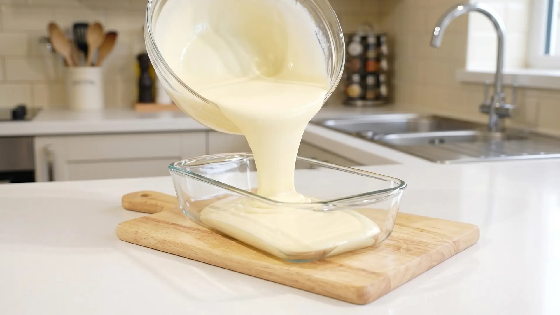 A thick, creamy pale-yellow mixture is poured from a large glass bowl into a glass loaf dish resting on a wooden board.