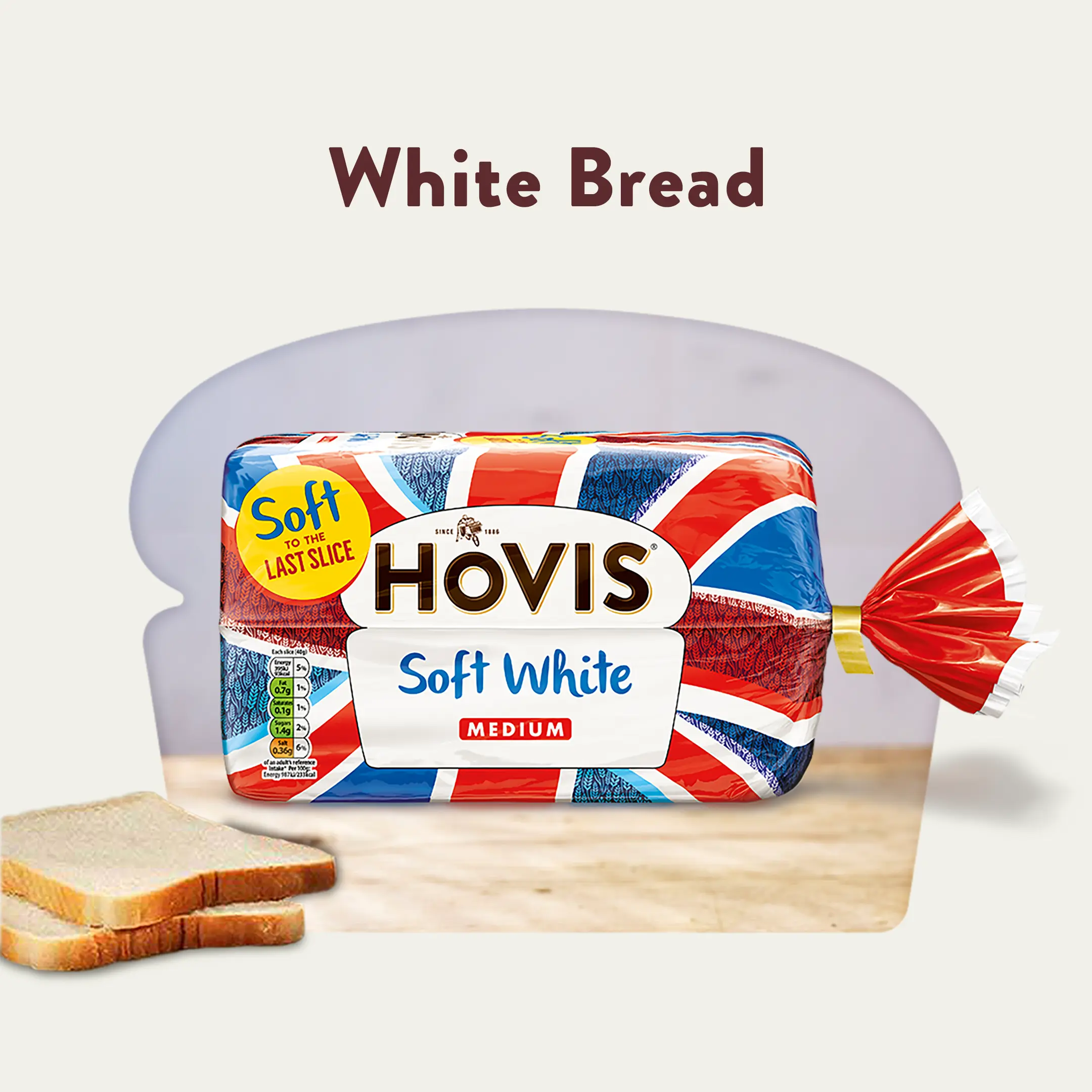 The text reads: White bread. A Hovis Soft White loaf sits in a cream background and cropped into a loaf shape