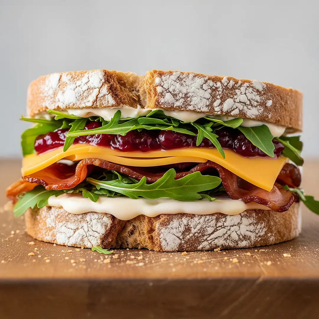 A delicious, layered sandwich on flour-dusted bread is cut in half and displayed on a wooden surface. The visible fillings include crispy bacon, bright orange cheddar cheese slices, vibrant red cranberry sauce, creamy white mayonnaise, and fresh rocket leaves. 