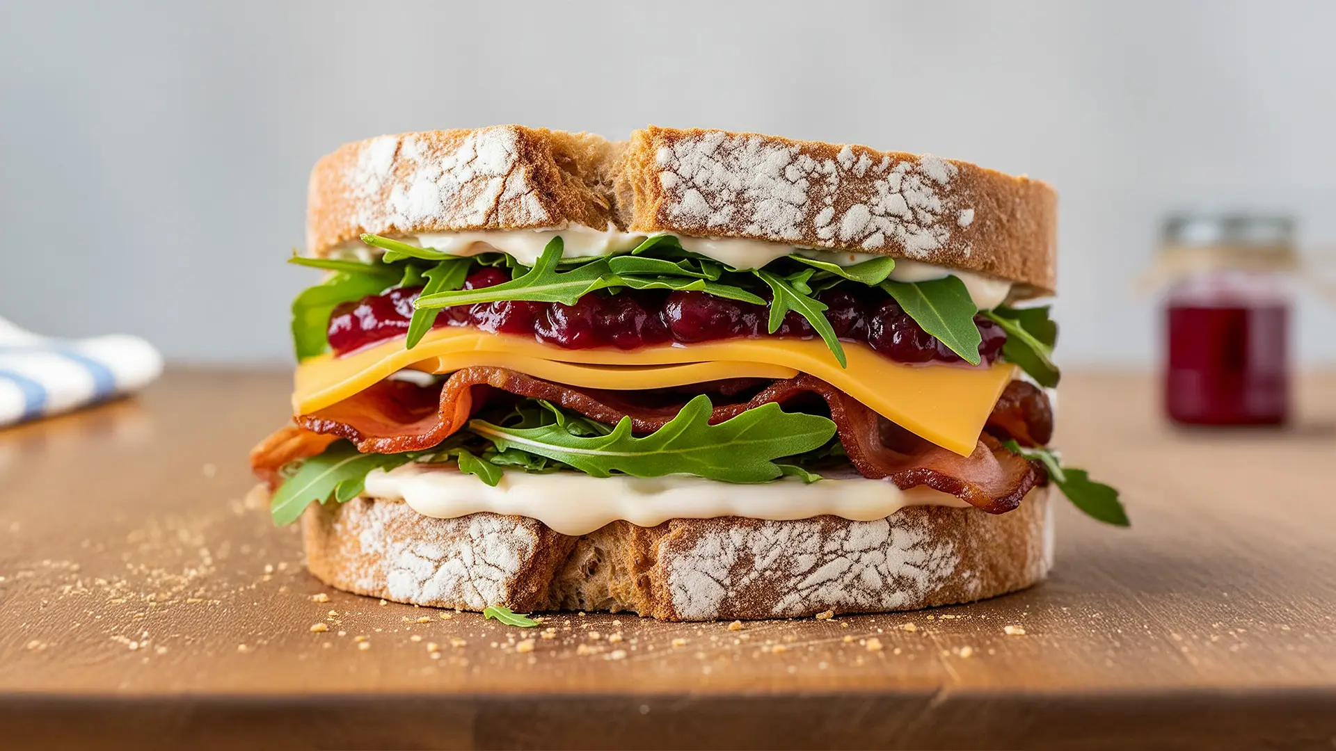A delicious, layered sandwich on flour-dusted bread is cut in half and displayed on a wooden surface. The visible fillings include crispy bacon, bright orange cheddar cheese slices, vibrant red cranberry sauce, creamy white mayonnaise, and fresh rocket leaves. A few crumbs are scattered around the sandwich, and a jar of cranberry sauce and a blue and white striped napkin are blurred in the background.