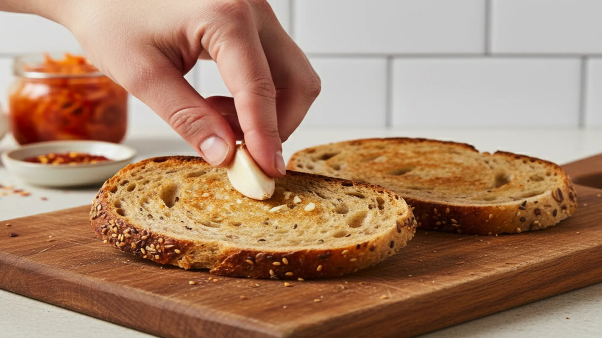 Someone rubbing a cut side of a garlic clove over a slice of toasted seeded sourdough 