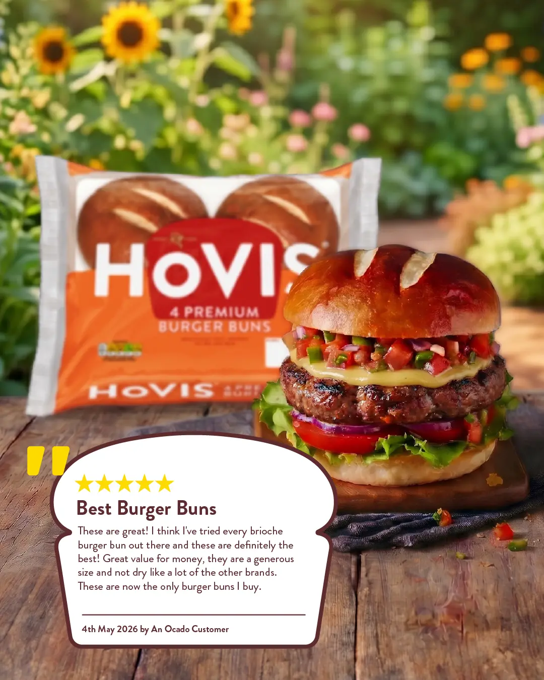 Hovis advertisement featuring a loaded gourmet burger next to a 5-star Ocado customer review praising the premium burger buns.