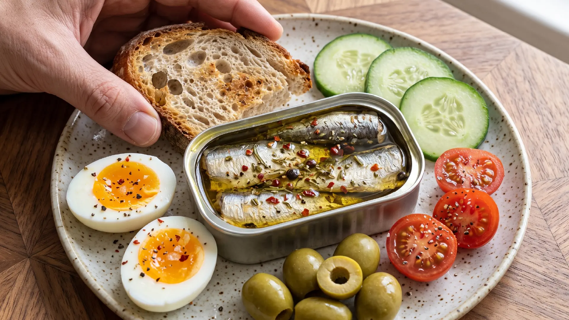 A breakfast plate with an open tin of seasoned sardines, soft boiled egg halves, olives, tomatoes, cucumbers and a hand reaching for sourdough bread.