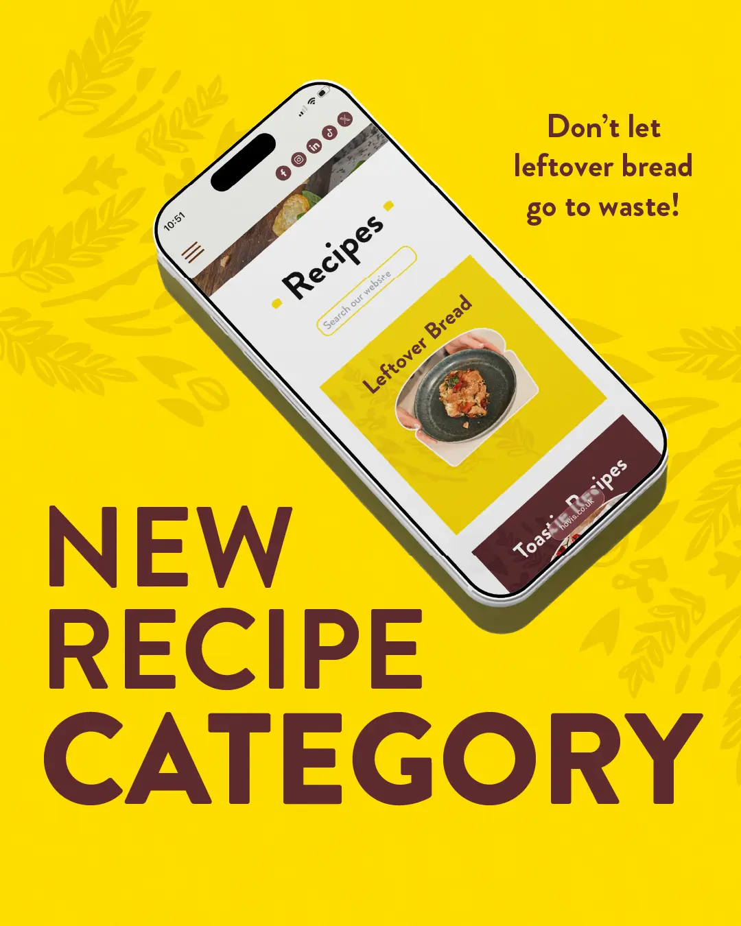 An ad on a yellow background showing a smartphone displaying a "Leftover Bread" recipe category to reduce food waste.