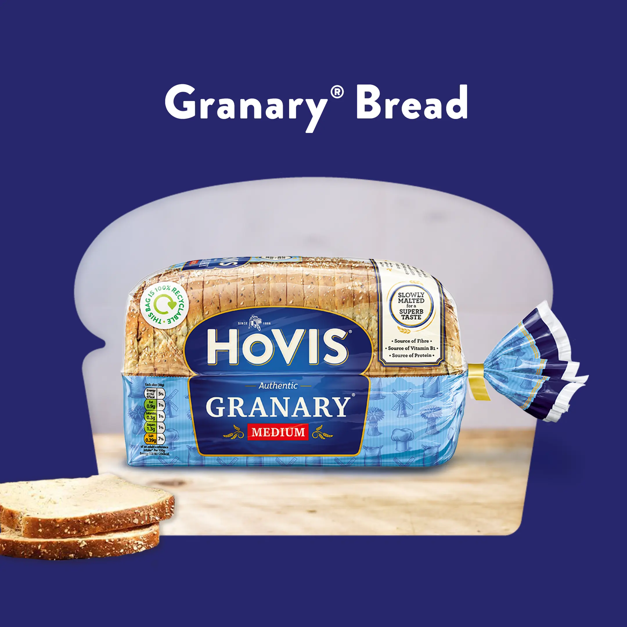 The text reads: Granary bread. A Hovis Granary loaf sits in a blue background and cropped into a loaf shape