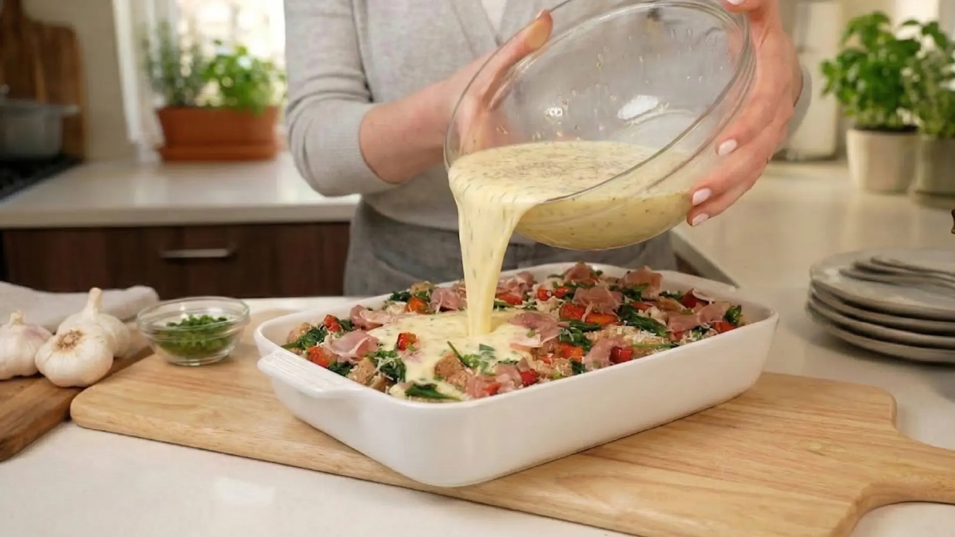 Creamy egg mixture being poured from a glass bowl over a layered breakfast strata in a white ceramic baking dish.