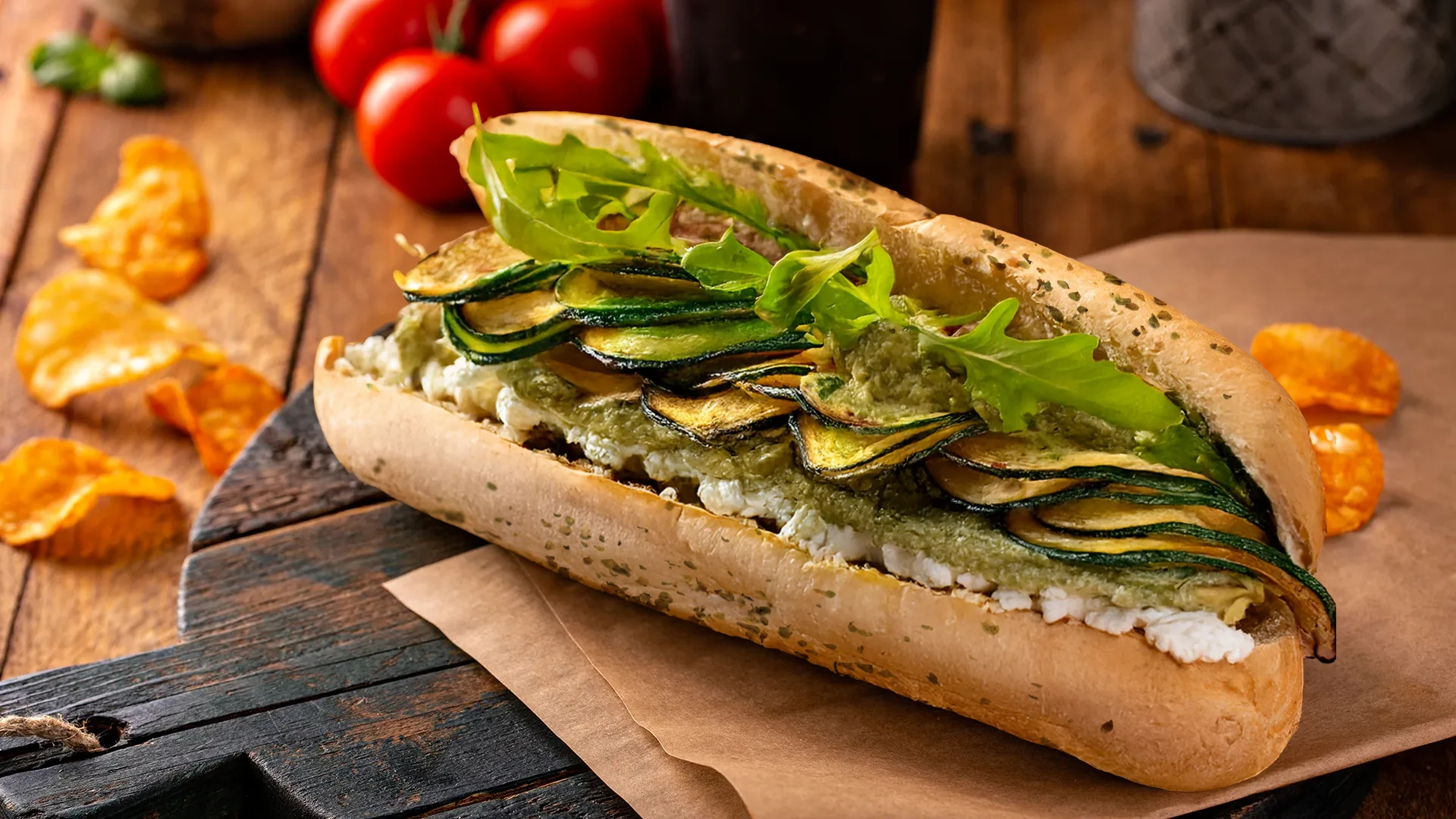 A full goat's cheese and courgette sub sits on a chopping board on a kitchen counter next to some stray rocket leaves. The delicious ingredients are revealed inside