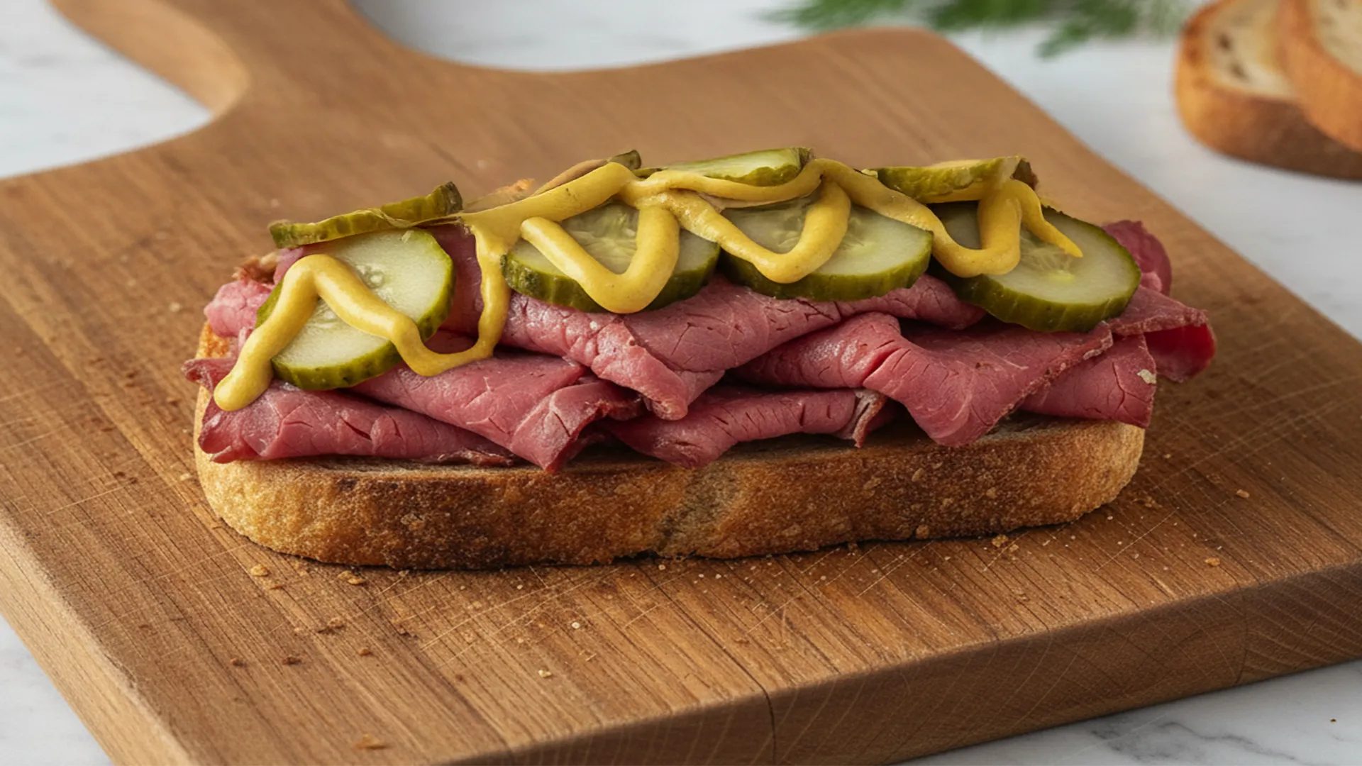 One slice of white sourdough is layered with beef strips, sliced gherkin pieces and a drizzle of mustard 