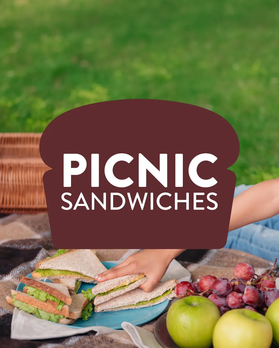 A hand reaching for a plate of triangles sandwiches on a picnic blanket, featuring a "Picnic Sandwiches" graphic.