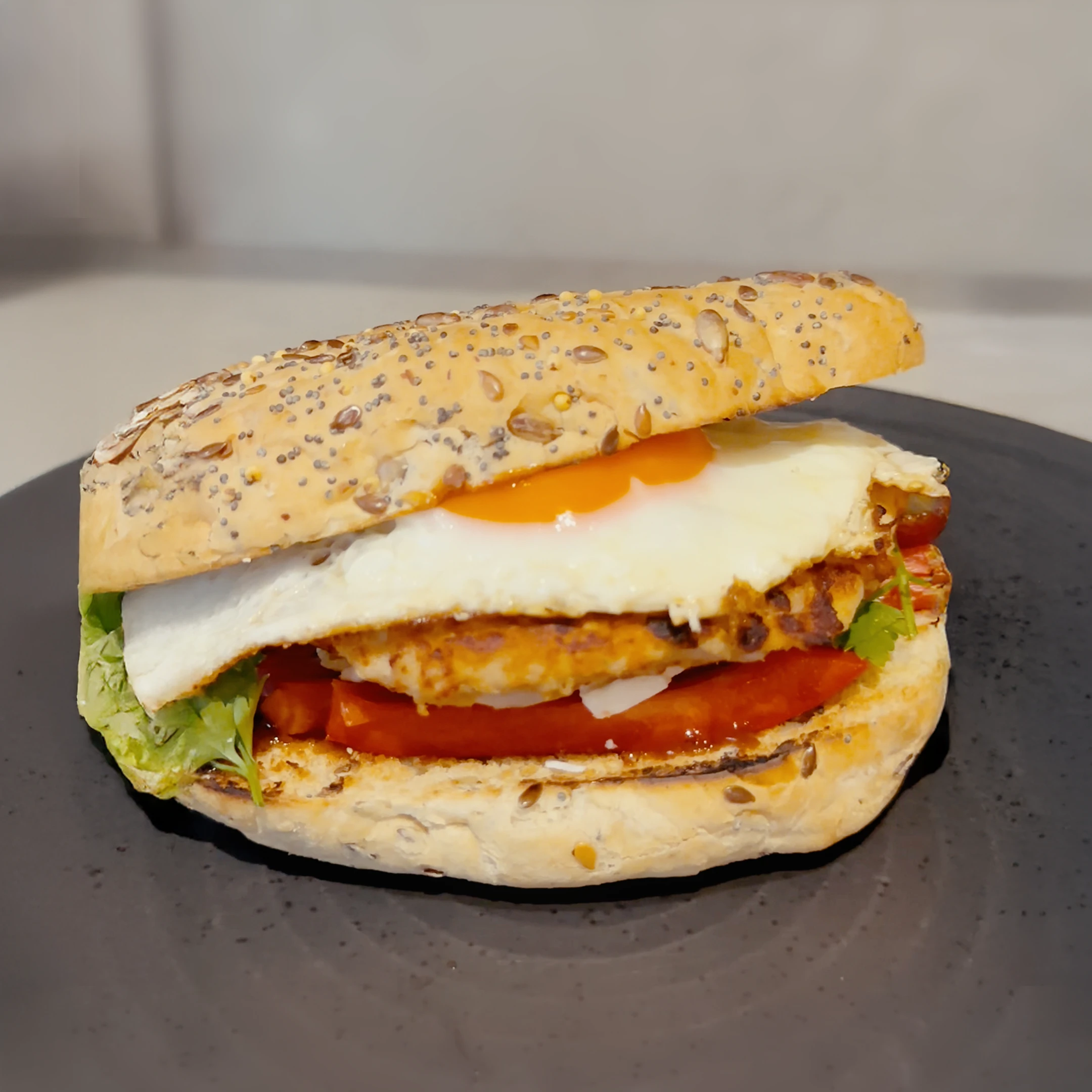 An egg, sausage, red peppers and lettuce in a Hovis Deli Roll on a plate.