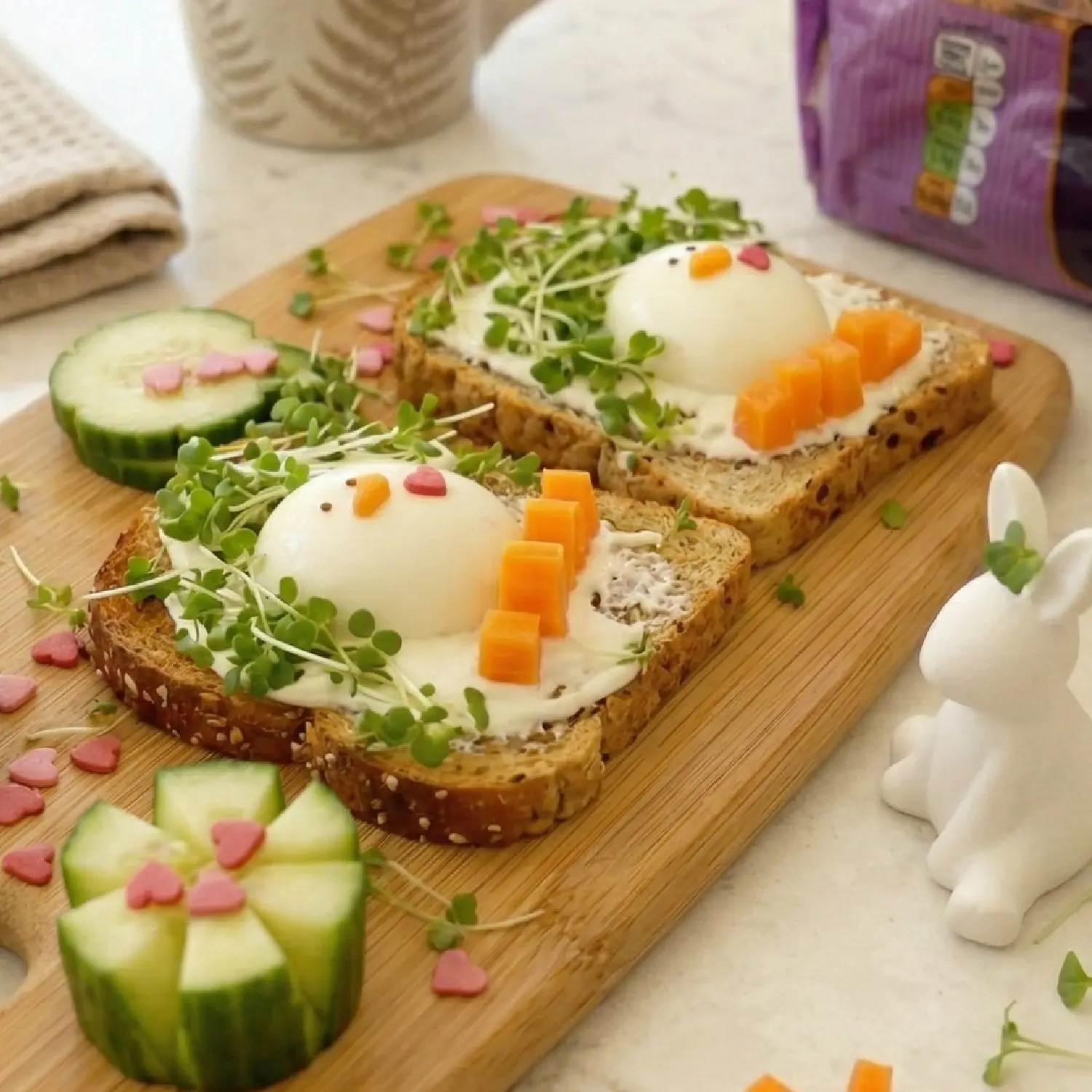 Two slices of chick-shaped egg toast with microgreens, cucumber stars, and carrot cubes on a wooden board.
