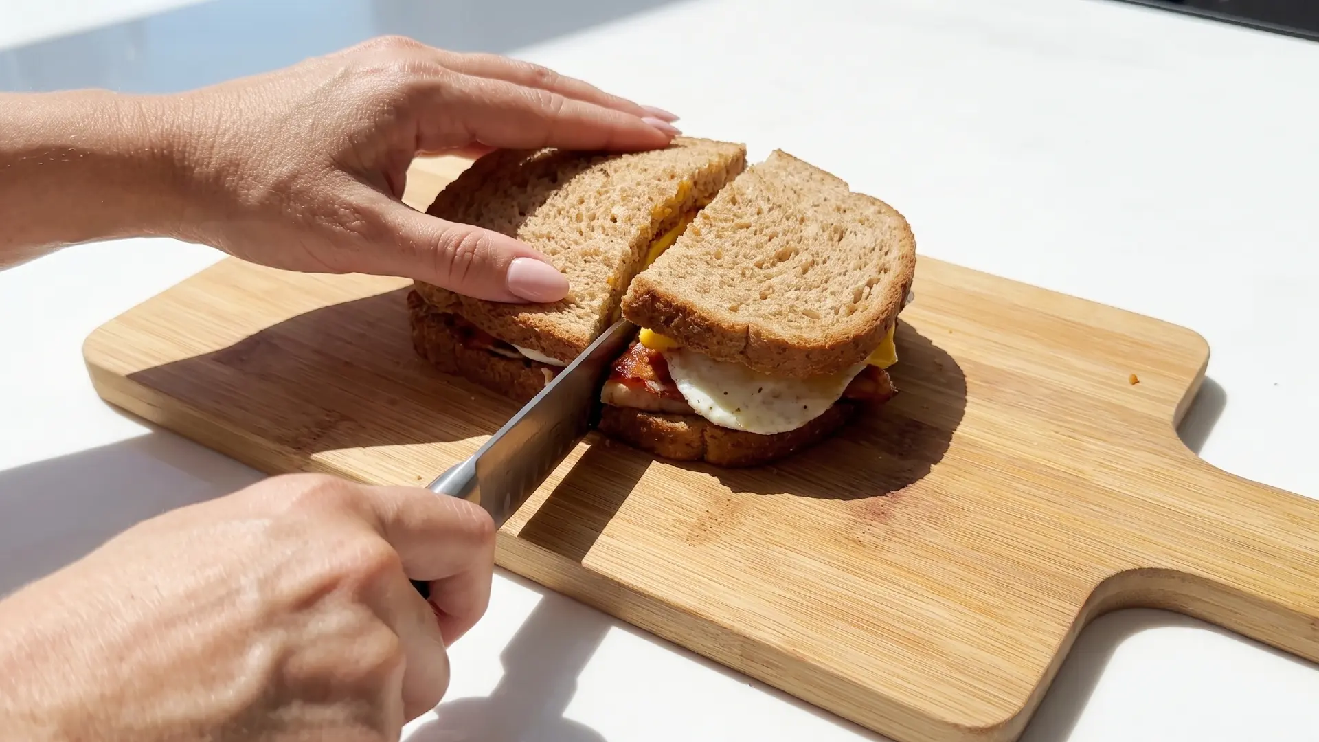 Hands slicing a whole wheat breakfast sandwich in half diagonally with a large kitchen knife on a wooden cutting board.