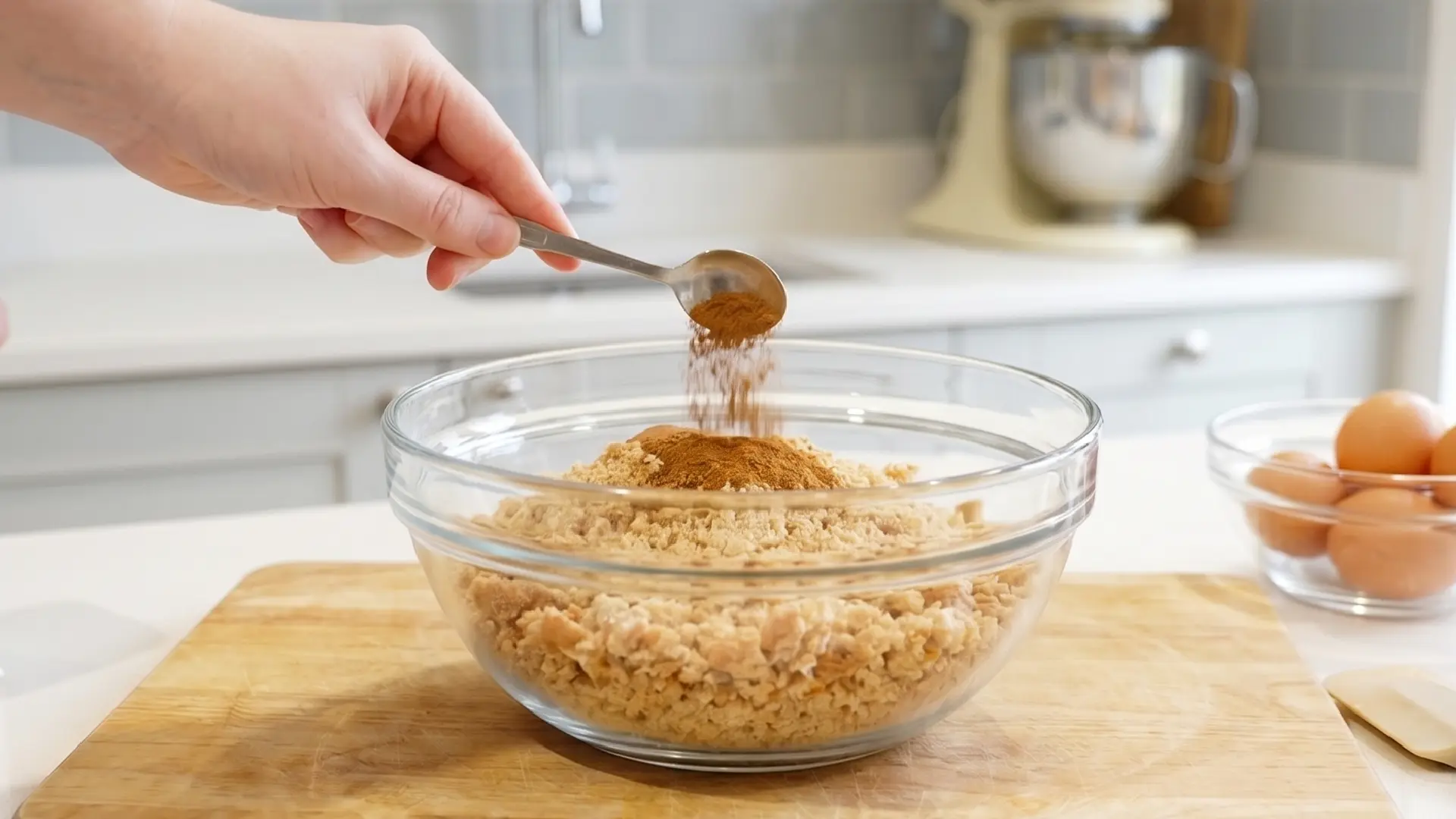 A hand sprinkles a spoonful of ground cinnamon over a bowl of crushed bread crumbs, with eggs visible in the background.