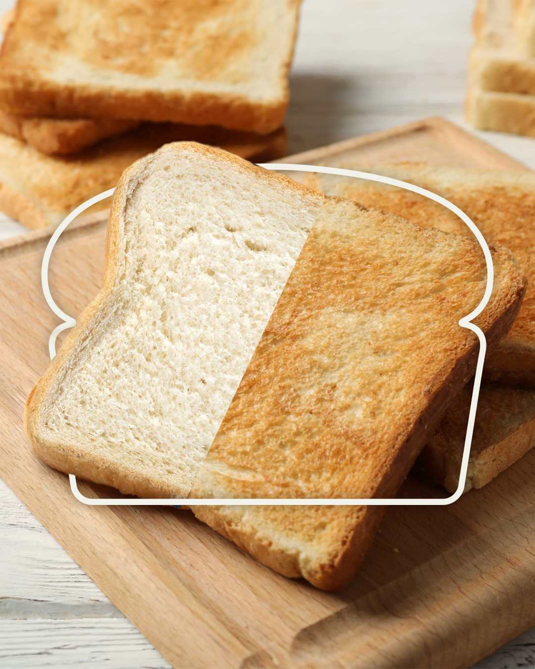 A pice of bread is splite in the middle between toasted and untoasted with a white loaf icon around it