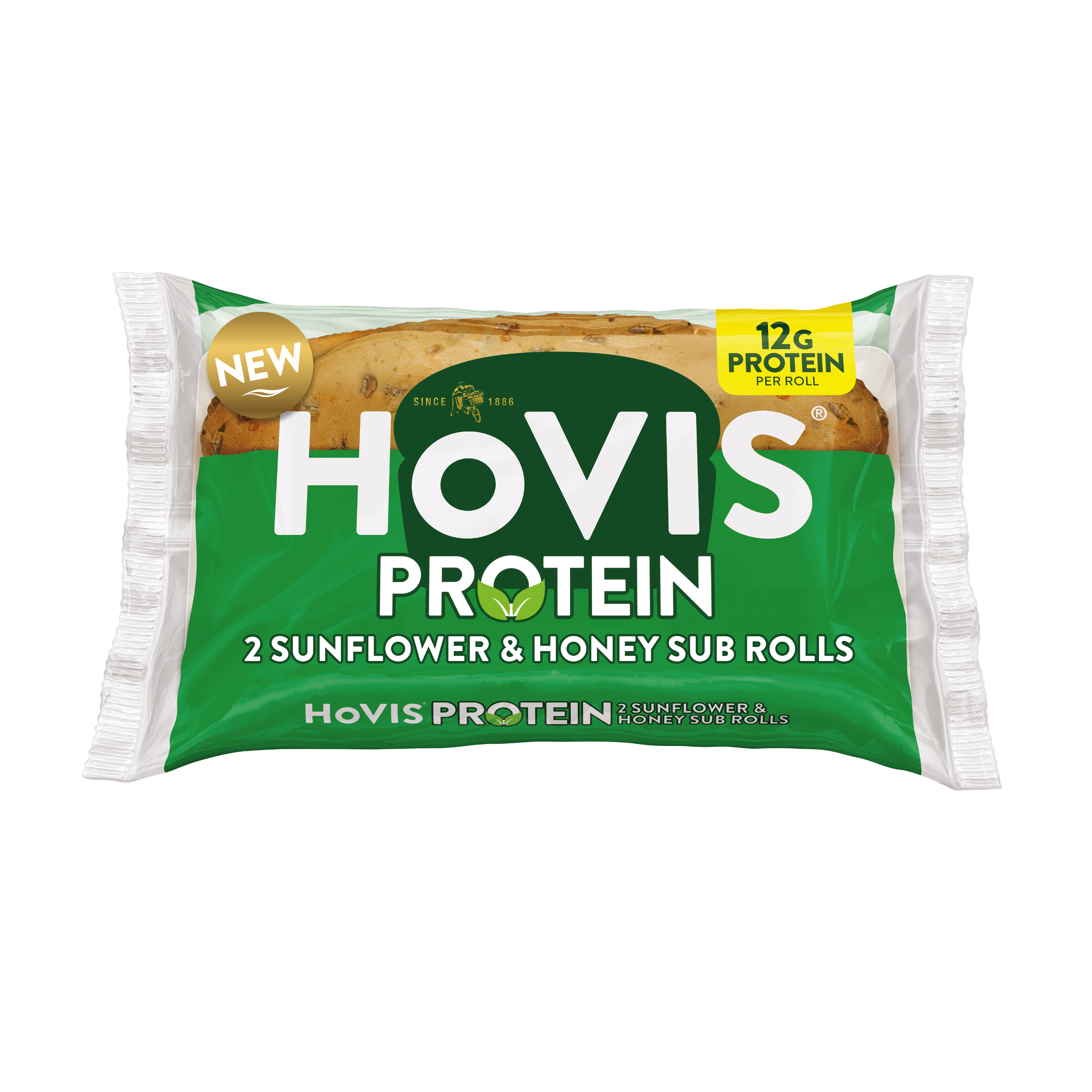 A green pack with Hovis on reads 'Protein' and '2 Sunflower and Honey Sub Rolls' with 2 soft rolls inside.