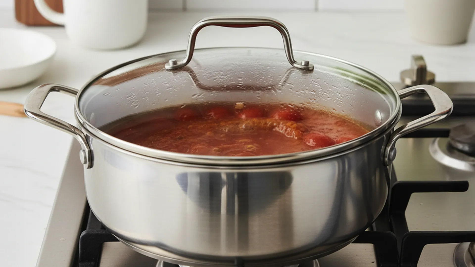 Tomato and basil soup components simmering on a stove, covered with a fry pan lid