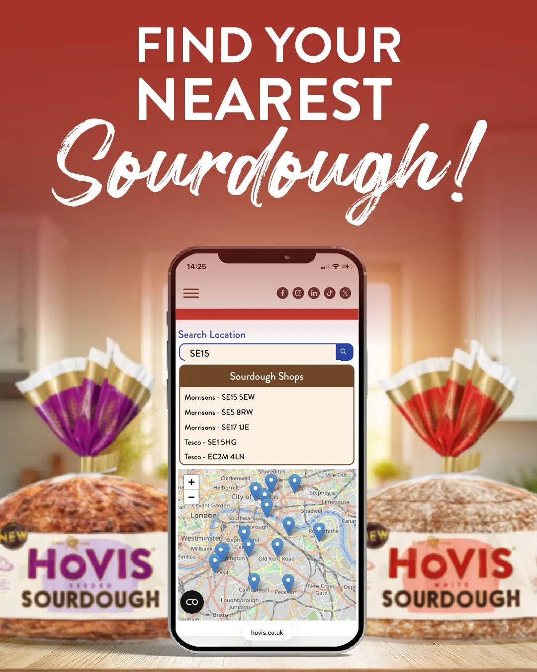 An ad showing a smartphone with a map locator for "Sourdough Shops" between loaves of Hovis Seeded and White Sourdough.