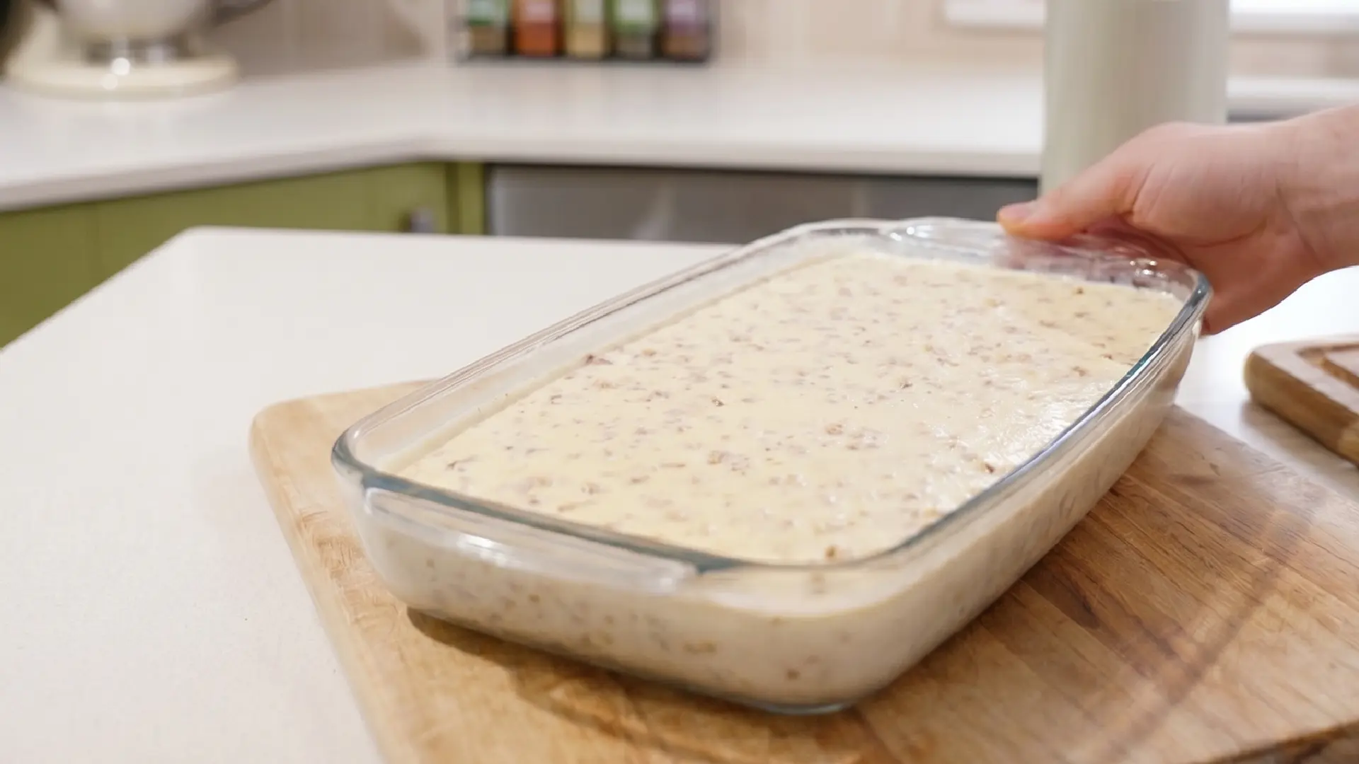 A hand sets a glass dish filled with a creamy, textured beige mixture onto a wooden cutting board on a white counter.