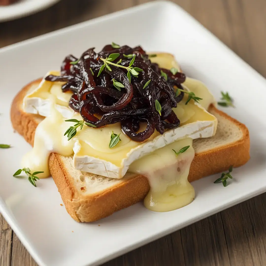 A close-up image of a Hovis® Signature White slice topped with molten brie, caramelised onions and thyme leaves. 